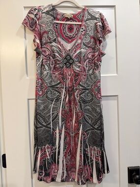 Women's Pink & Black Paisley Print Stretch Knit Dress with Waist Detail & Jewels
